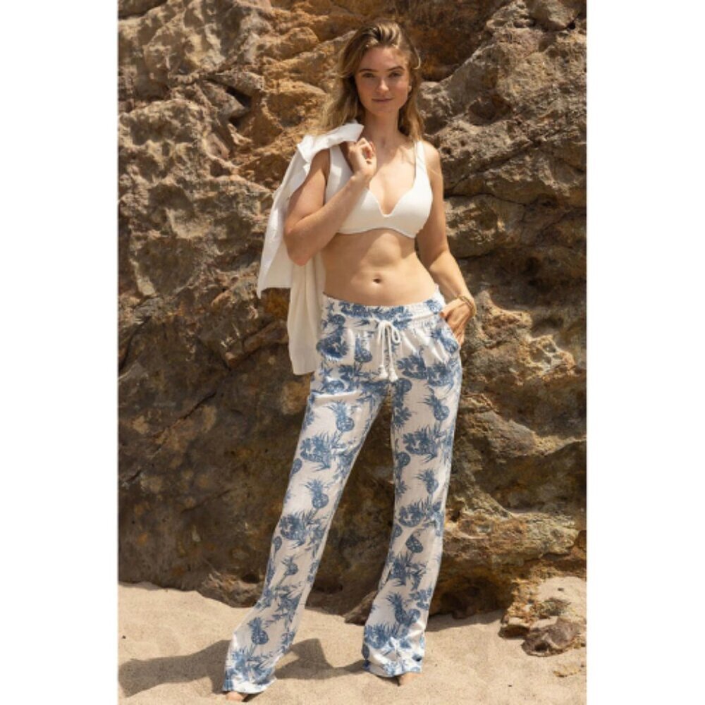 Cali 1850 Womens M Drawstring Smocked Waist Printed Beach Pants Blue White